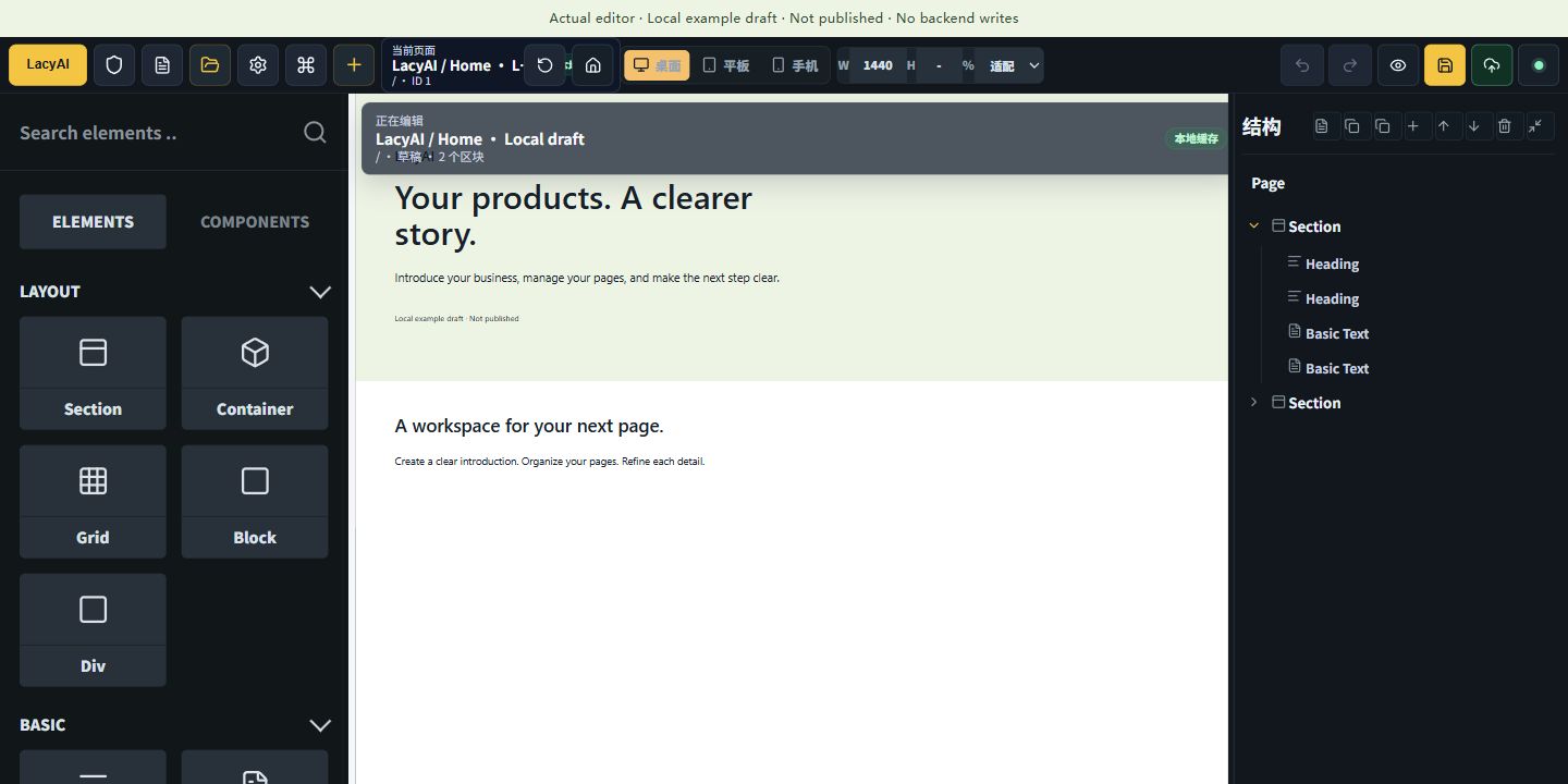 Actual LacyAI editor with an English local draft, element controls on the left and page structure on the right